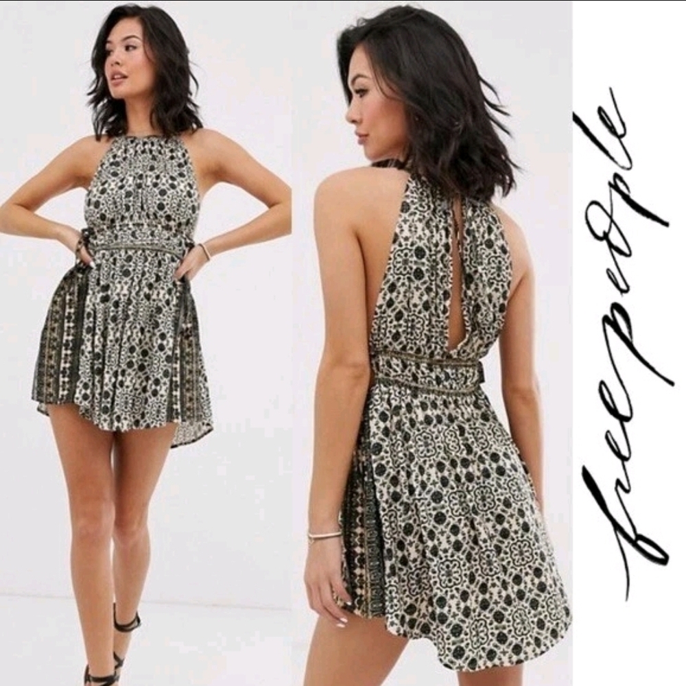 Free People Black and Cream Floral Halter Mini Dress